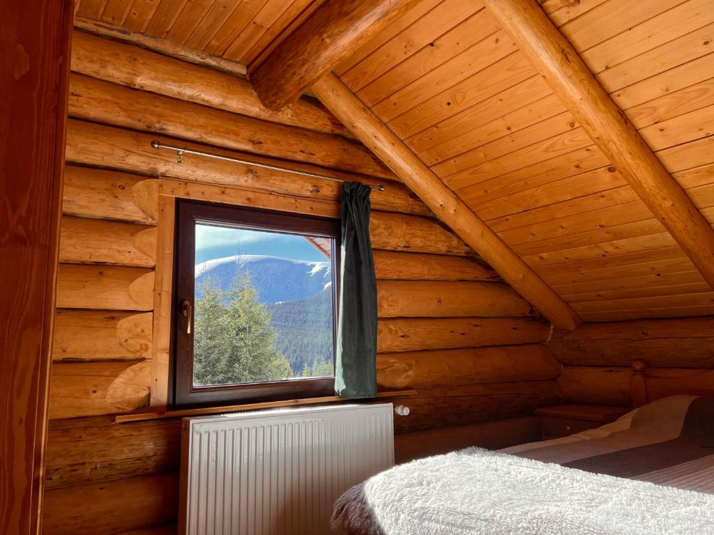 a bedroom with a window in a log cabin at Cabana Lupilor in Tău Bistra
