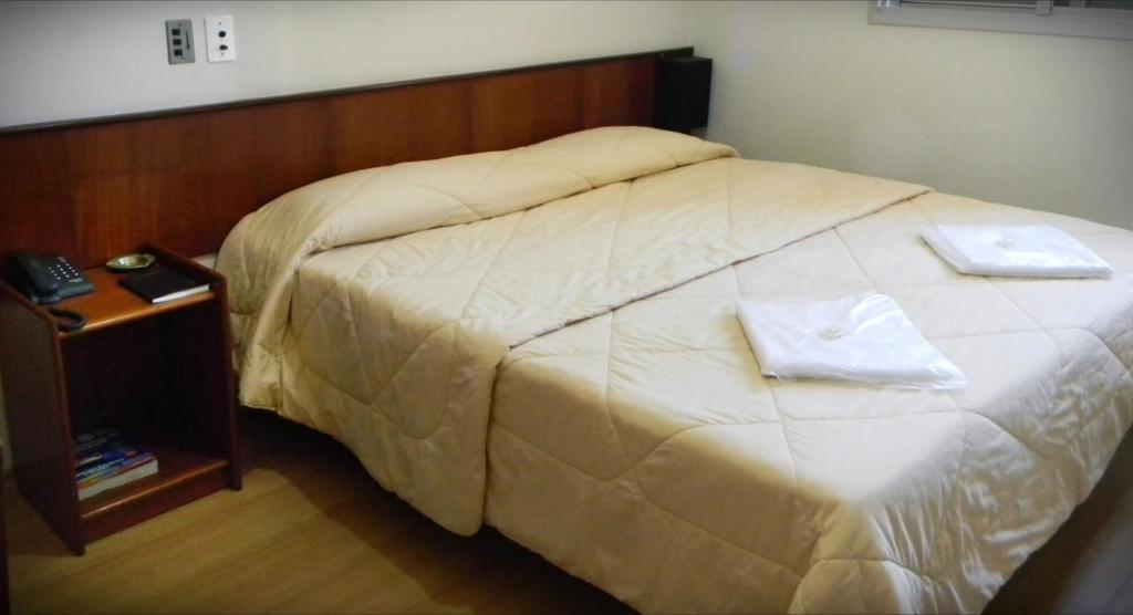 a bedroom with a bed with a wooden headboard at Hotel Chantilly in Presidente Prudente