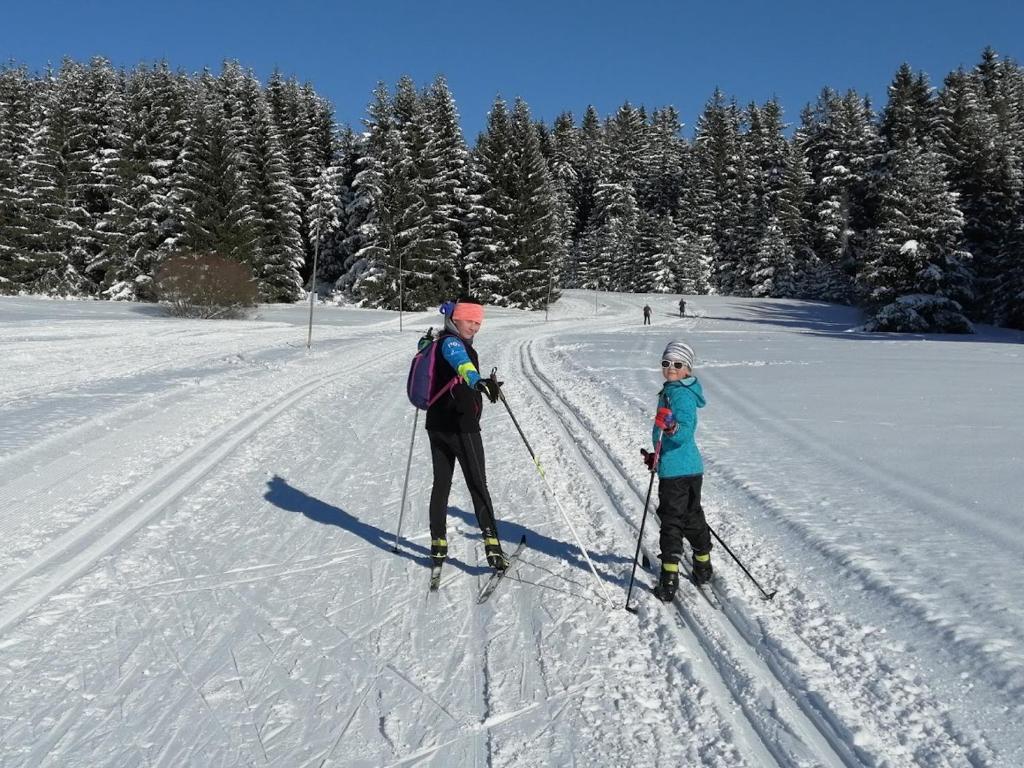 a woman and a child on skis in the snow at Pension MAX in Pernink