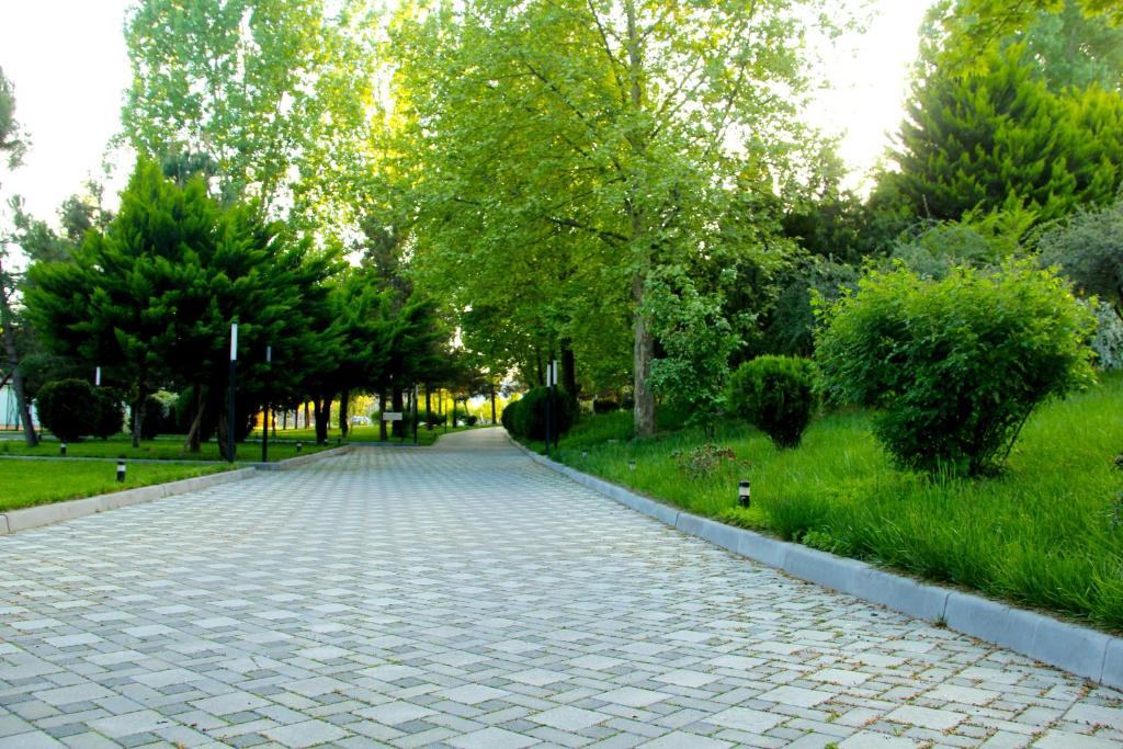 uma estrada de paralelepípedos num parque com árvores e relva em Sheki Olimp Villa em Sheki