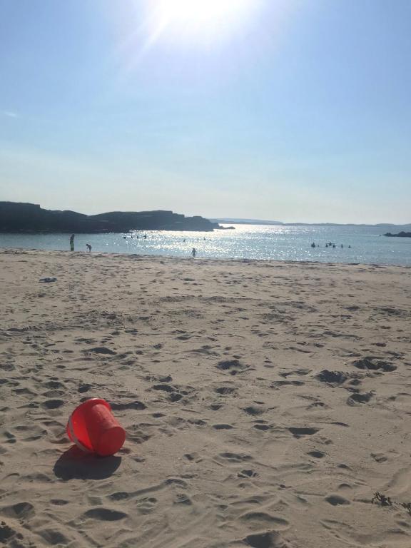 a red frisbee sitting on a sandy beach at Village Way Apartments in Kincasslagh
