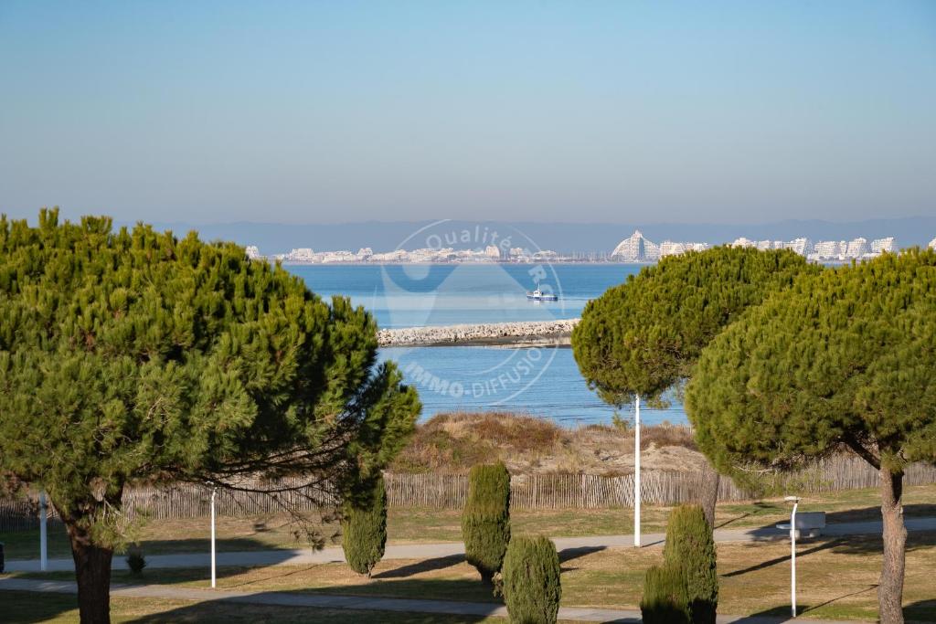 un groupe d'arbres et un pont dans l'eau dans l'établissement AS17006 - P3 Vue mer face à la plage sans route à traverser et proche centre ville, au Grau-du-Roi