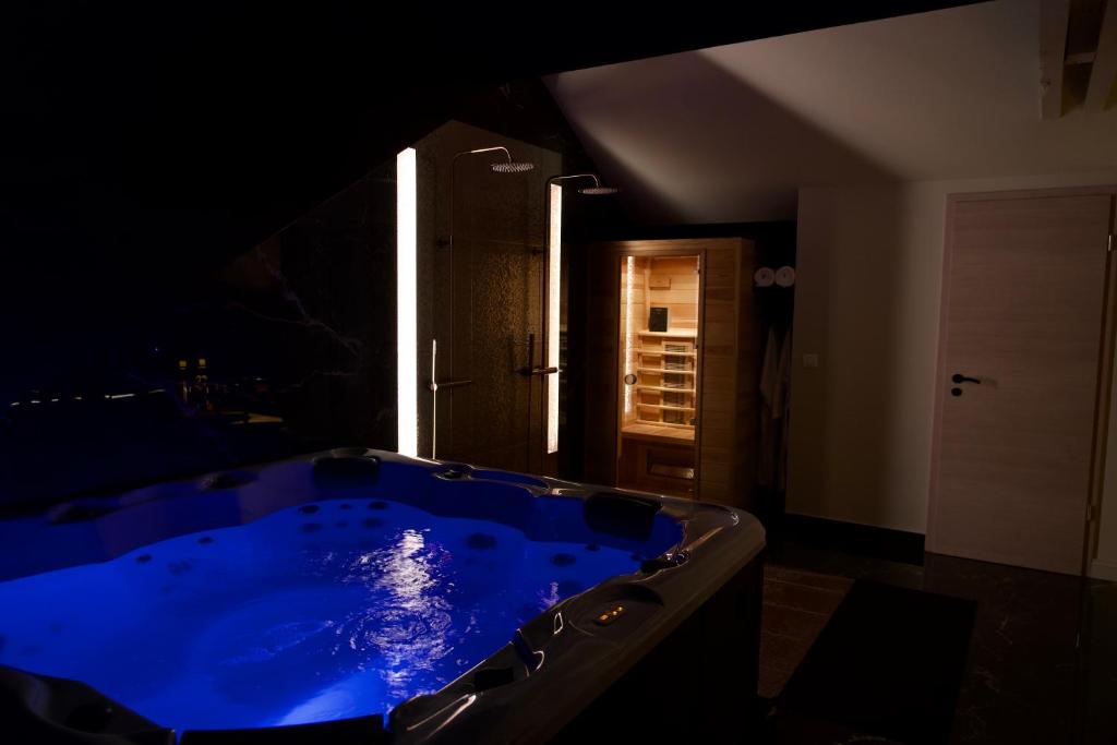 uma grande banheira azul num quarto com uma janela em Magnifique Villa le89golden jacuzzi et sauna privatif em Mulhouse