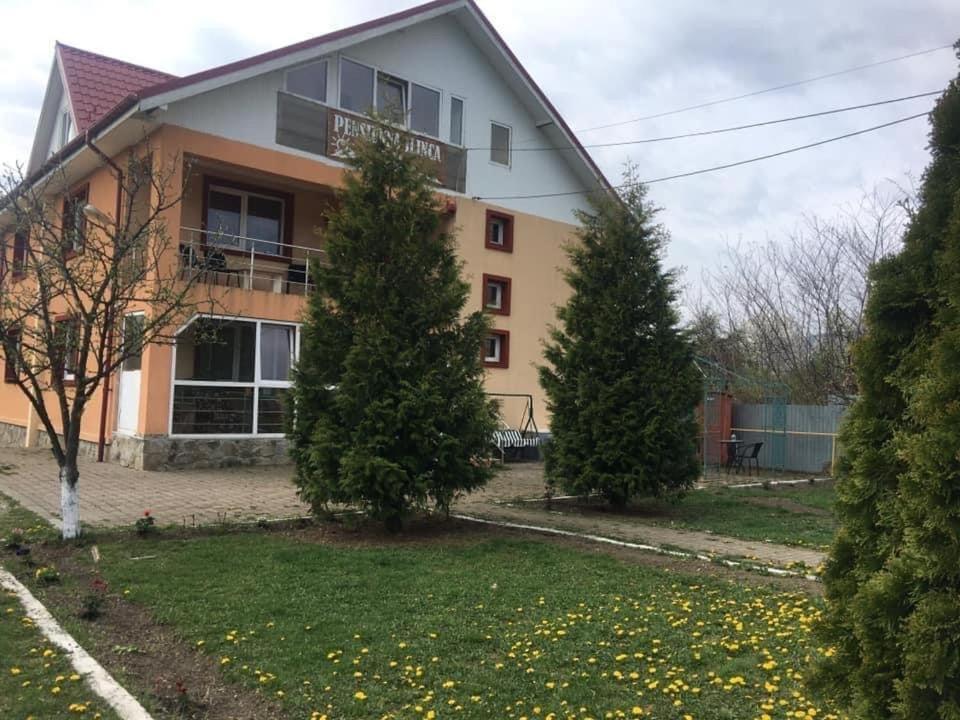 ein Gebäude mit Bäumen davor in der Unterkunft Cazare ieftina in Piatra Neamţ