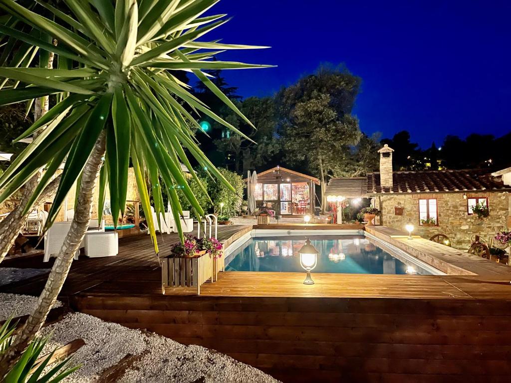 a swimming pool with a palm tree next to a house at B&B Vecchia Fonte in Campiglia Marittima