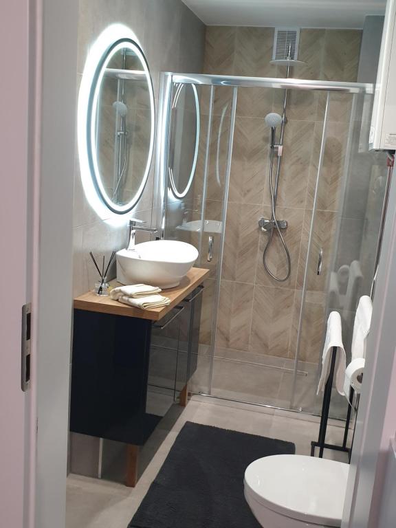 y baño con lavabo y ducha. en Modern Apartment, en Opole