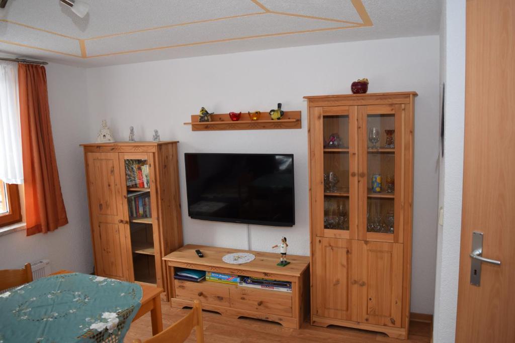 salon z telewizorem i drewnianymi szafkami w obiekcie Ferienhaus Kohlmeise w mieście Neudorf