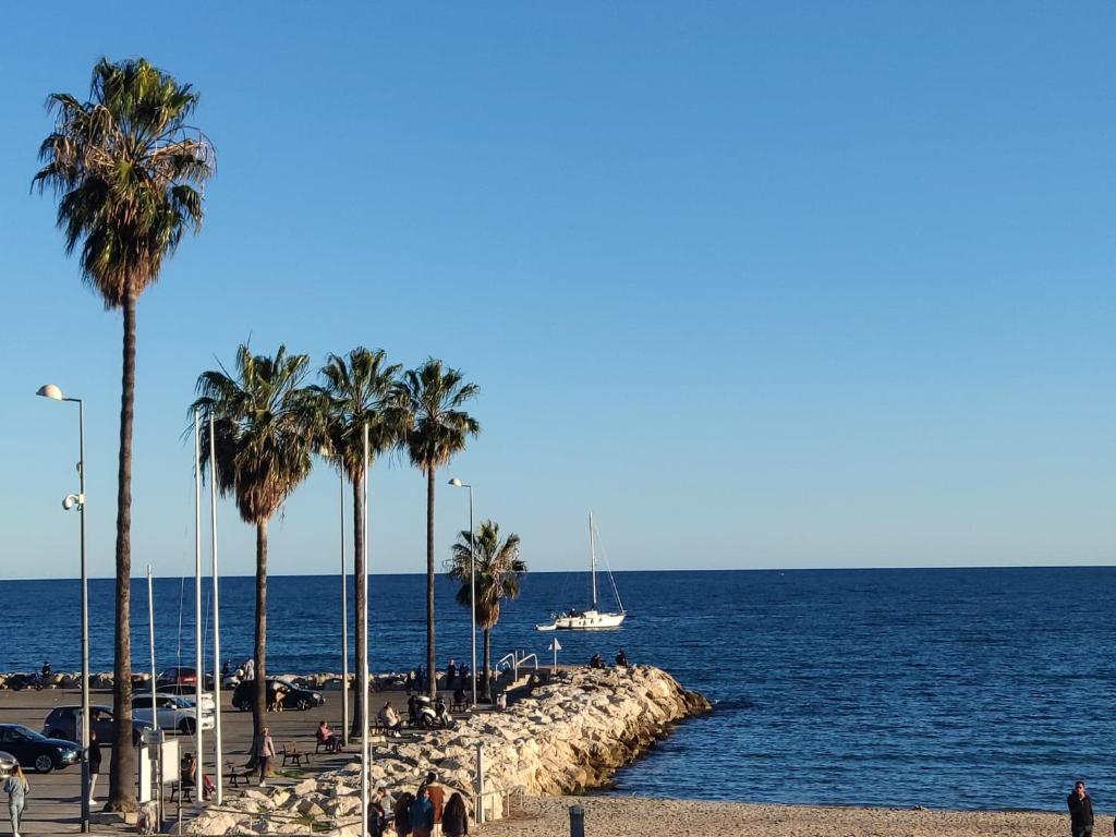 une plage avec des palmiers et l'océan avec un bateau dans l'établissement Studio 