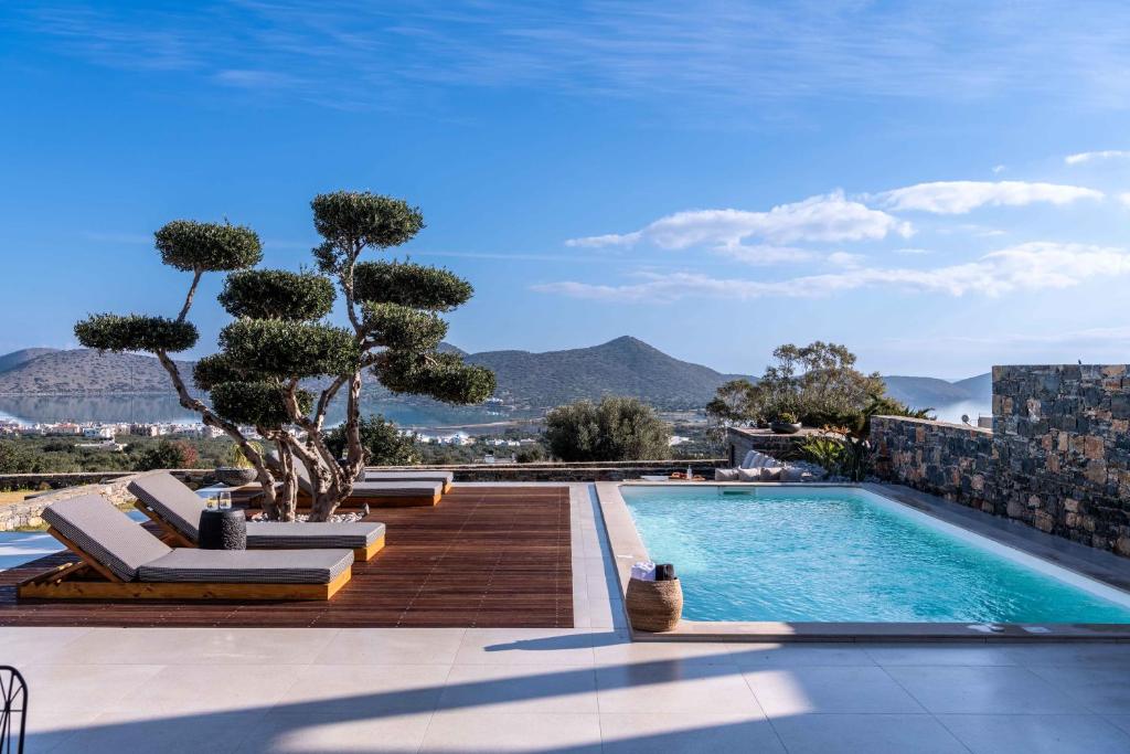 a pool with lounge chairs and a tree on a building at The Olive Tree Villa Elounda in Elounda