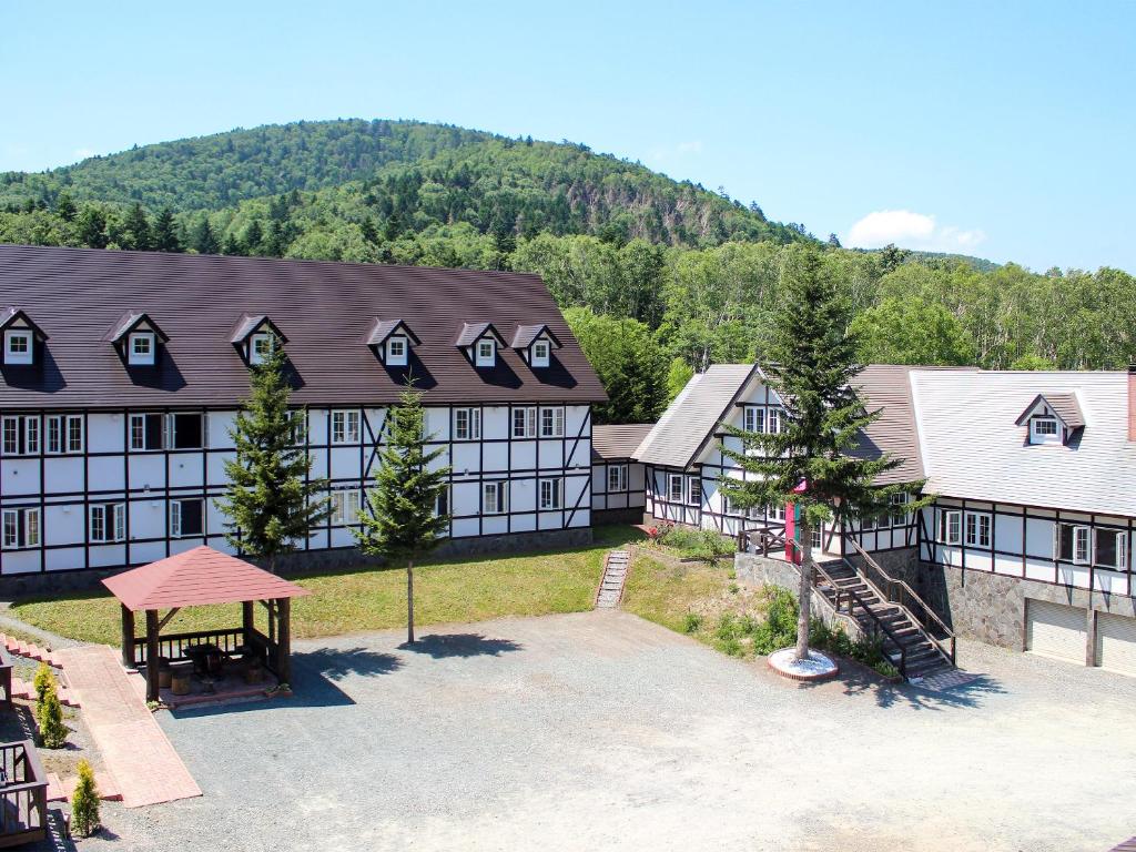 占冠村にあるプチホテル　グレーシィトマムの山を背景にした建物の空中