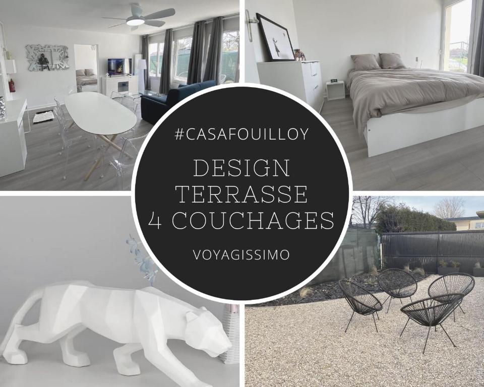 uma colagem de imagens de uma sala de estar com uma estátua de um tigre branco em #Casafouilloy Appartement de plein pied avec grande terrasse em Fouilloy