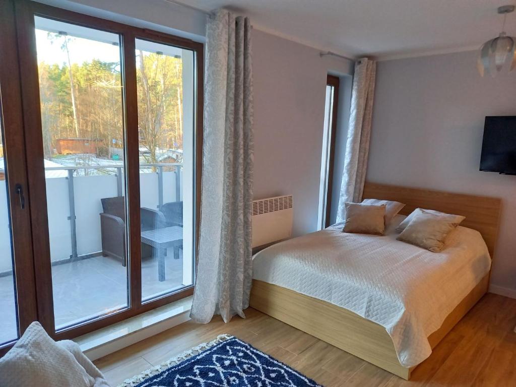 ein Schlafzimmer mit einem Bett und einem großen Fenster in der Unterkunft Apartament Ami Stegna in Stegna