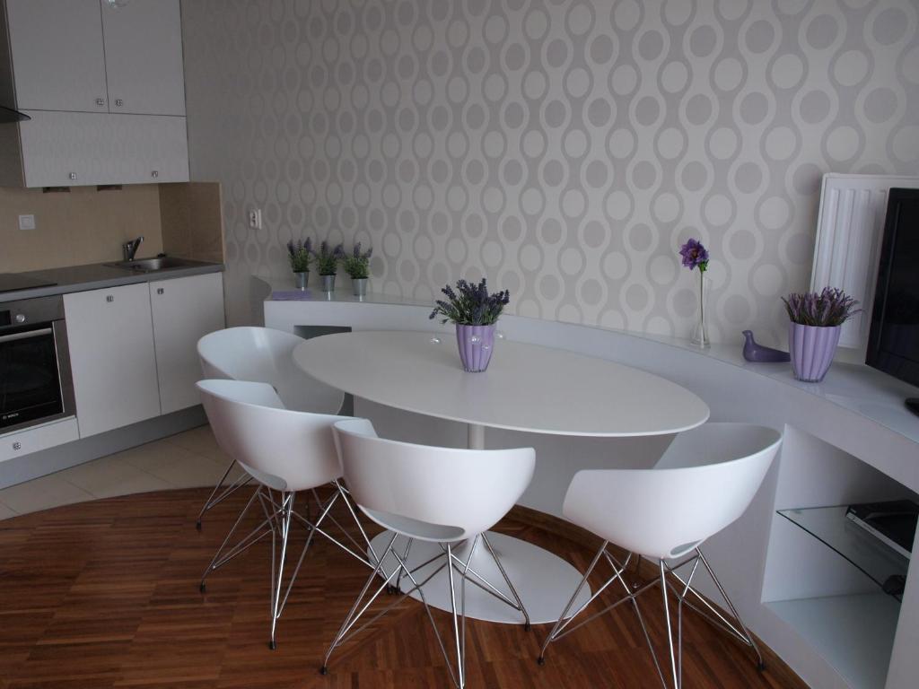 Kuchyň nebo kuchyňský kout v ubytování Apartament Lawendowy