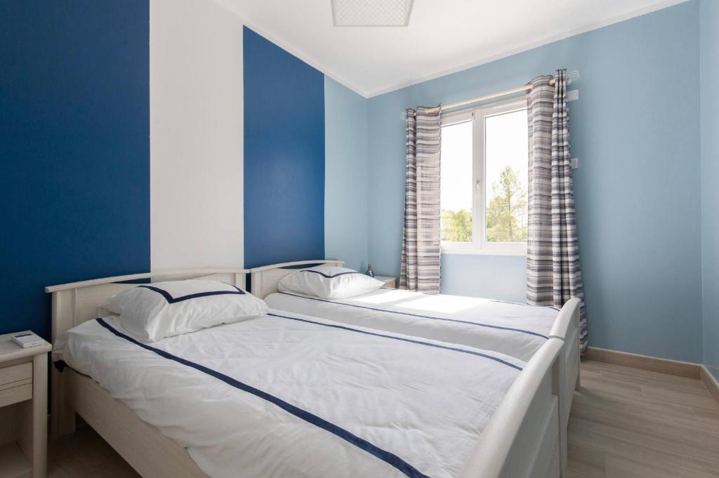 a blue bedroom with two beds and a window at Superbe Villa Seillans LA GRANDE BASTIDE avec piscine, jardin, climatisation et salle de sport in Seillans