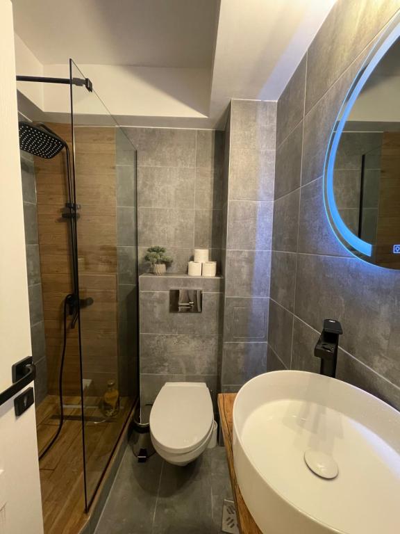 La salle de bains est pourvue de toilettes et d'un lavabo. dans l'établissement Cozy Studio 1 Bedroom nearby Value Center Mall, à Zalău