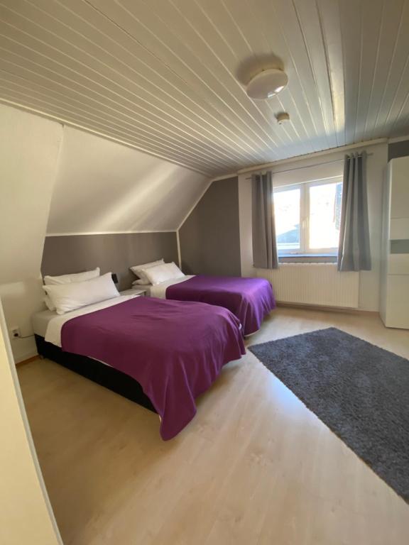 2 bedden in een kamer met paarse lakens bij Ferienwohnungen Löhr in Koblenz