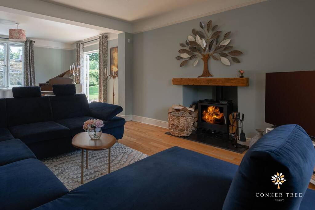 salon z niebieską kanapą i kominkiem w obiekcie Conker Tree House w mieście Great Staughton
