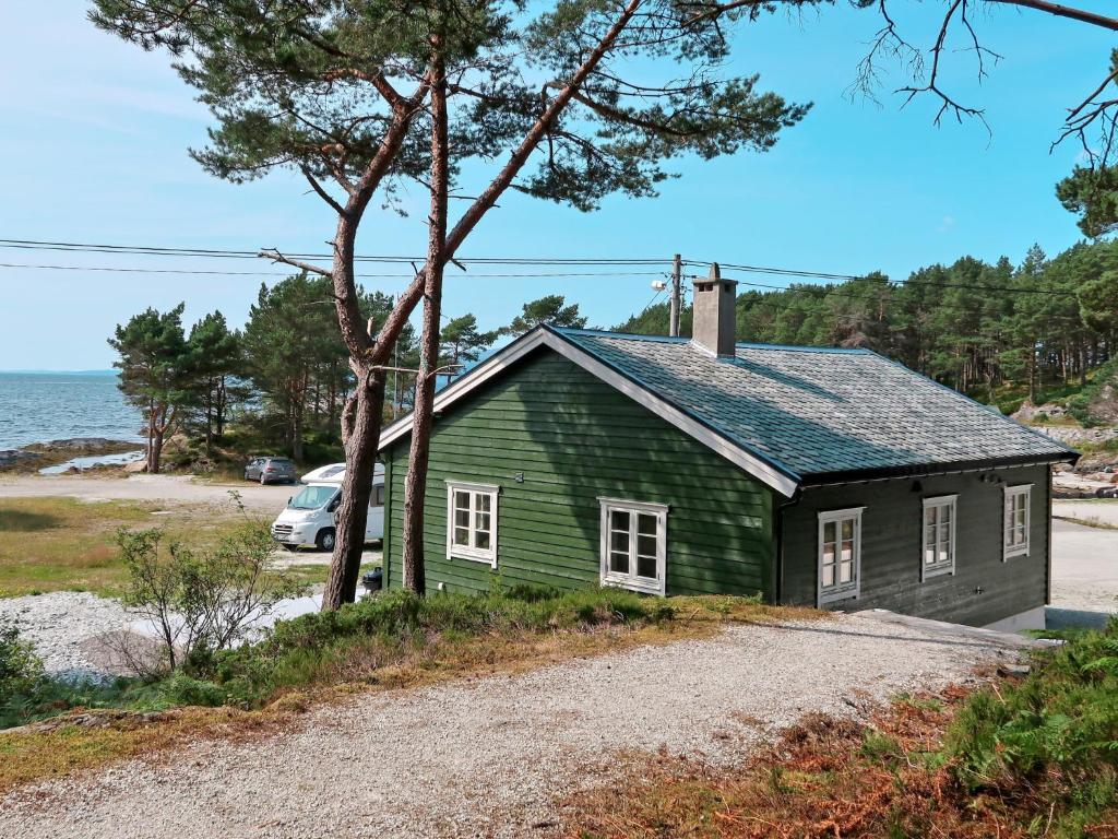una casa verde a orillas de una playa en Holiday Home Nesholmen - FJS127 by Interhome, en Leirvik