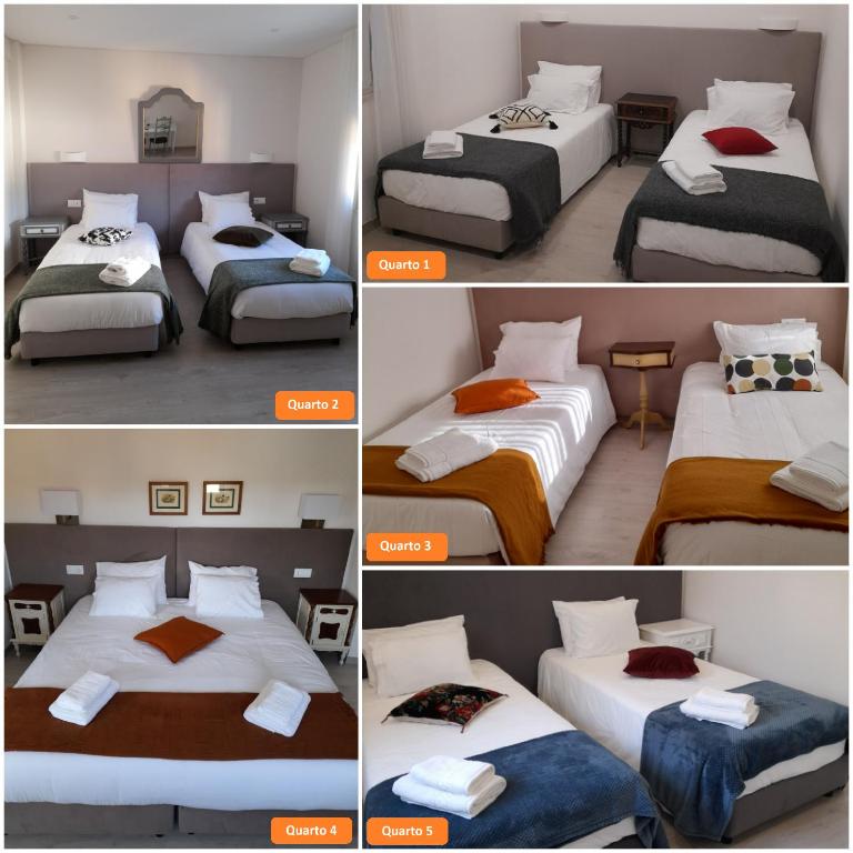four pictures of a hotel room with four beds at Hall 92 Quartos com WC em moradia com piscina A-das-Lebres Loures in Loures