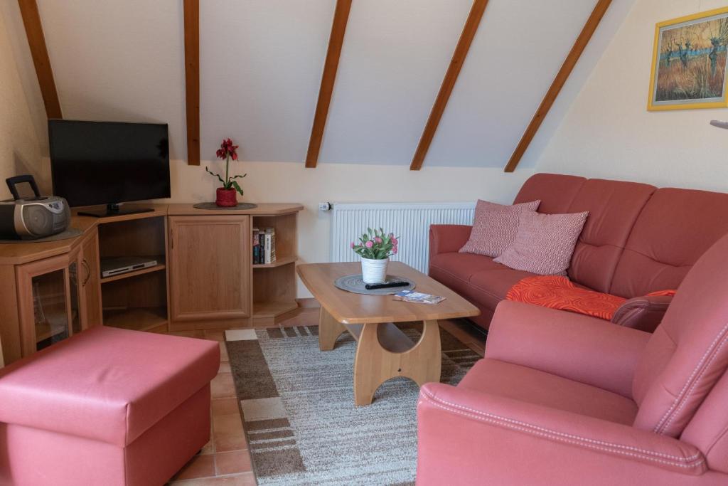 a living room with two couches and a tv at Haus Sabine - OG in Groß Kirr