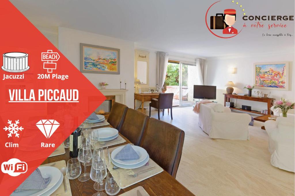 un salon avec une table à manger et un salon dans l'établissement Villa Picaud - 50M plage, terrasse, clim - Unique Centre Cannes, à Cannes