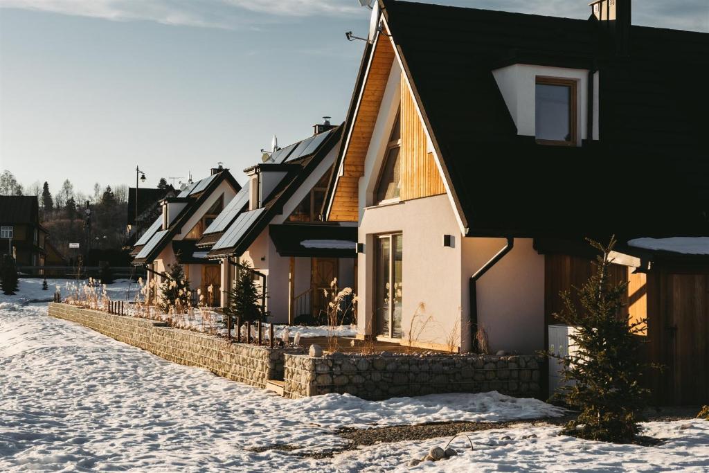 a row of houses on a snow covered street at Osada Białka Tatrzańska - apartamenty & domki z ogrodem dla rodzin Odkryj-Bialke in Białka Tatrzanska