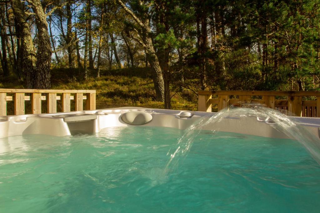 a pool with a water fountain in a backyard at Lagganlia Lodges and Camping Pods in Kincraig