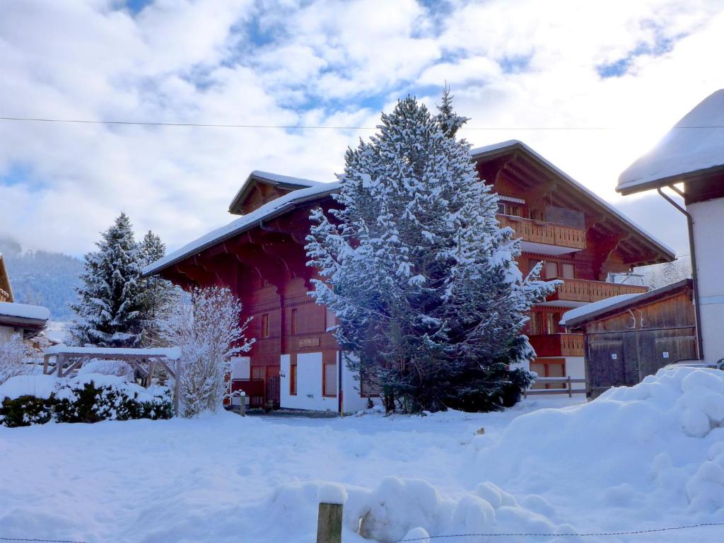 een besneeuwd huis met een boom ervoor bij Apartment Marie-Soleil by Interhome in Gstaad