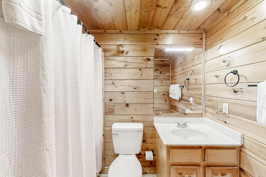 a bathroom with a white toilet and a sink at Parton Ways in Pigeon Forge