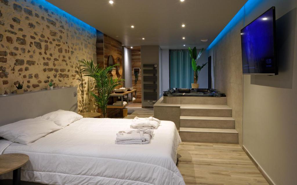 LA DOLCEVITA SPA Chambre privative في بيزنسون: غرفة نوم بسرير وحمام مع حوض استحمام