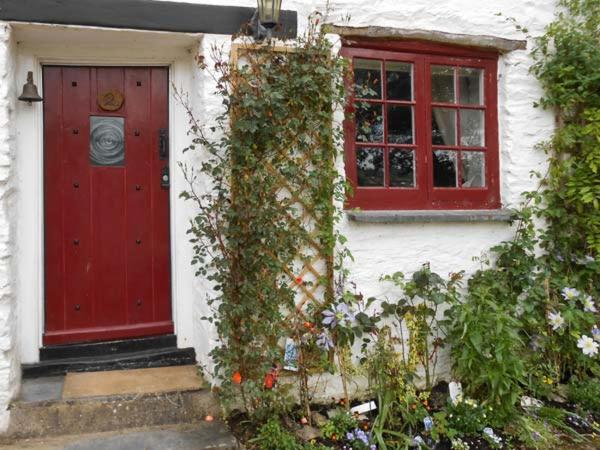 a red door and window on a white house at Tuckermarsh Quay River Cottage 2 in Bere Alston