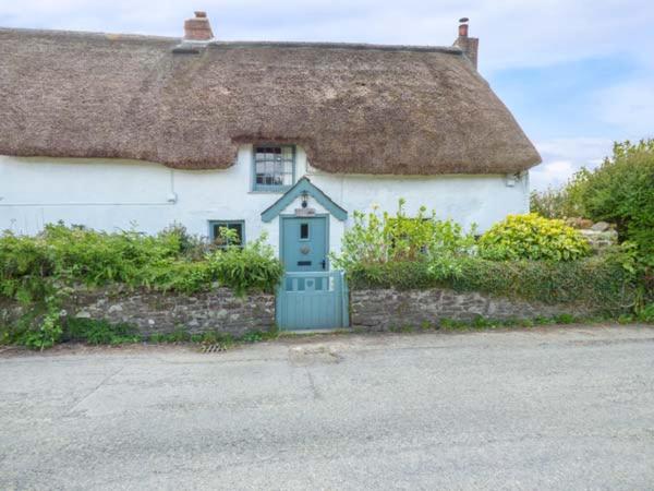 a small house with a thatch roof with a door at Bee Hive Cottage in Morwenstow