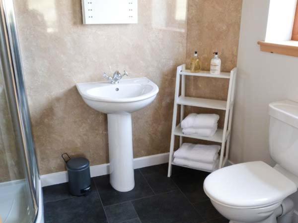 a bathroom with a sink and a toilet and a shower at Skipaflotta in Rhiconich