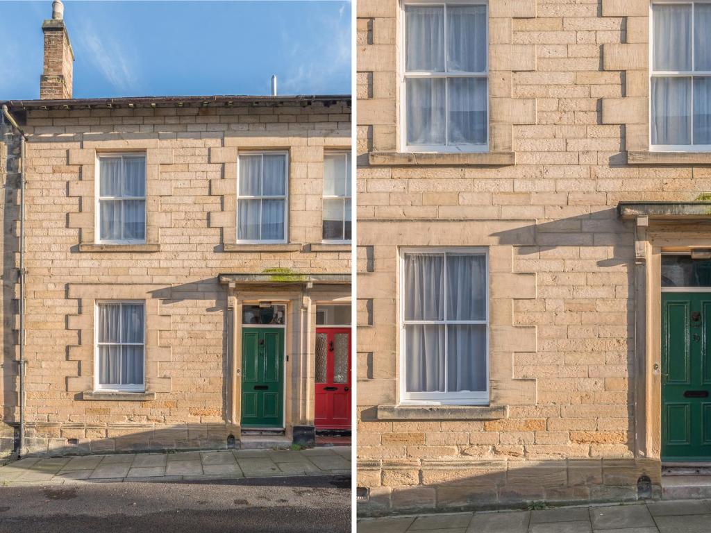 two pictures of a brick building with green and red doors at Cosy Nook in Alnwick
