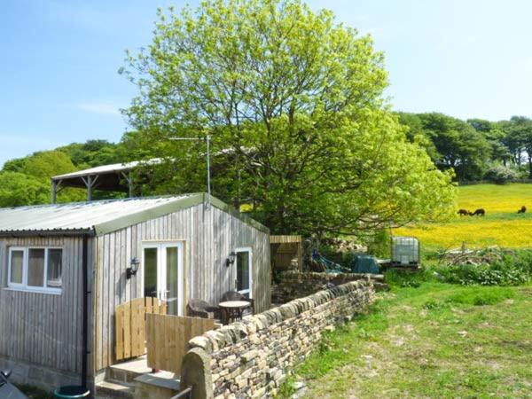 una pequeña casa en un campo con una pared de piedra en The Old Corn Store, en Keighley