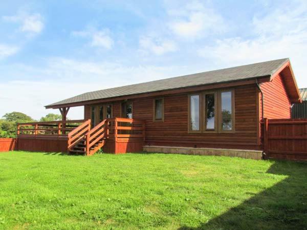 a wooden house with a green lawn in front of it at Lake View Lodge in Shepton Mallet