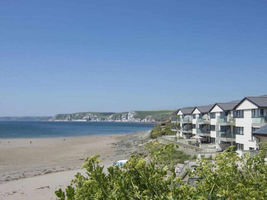 a view of the beach from the condos at 2 Burgh Island Causeway in Bigbury on Sea