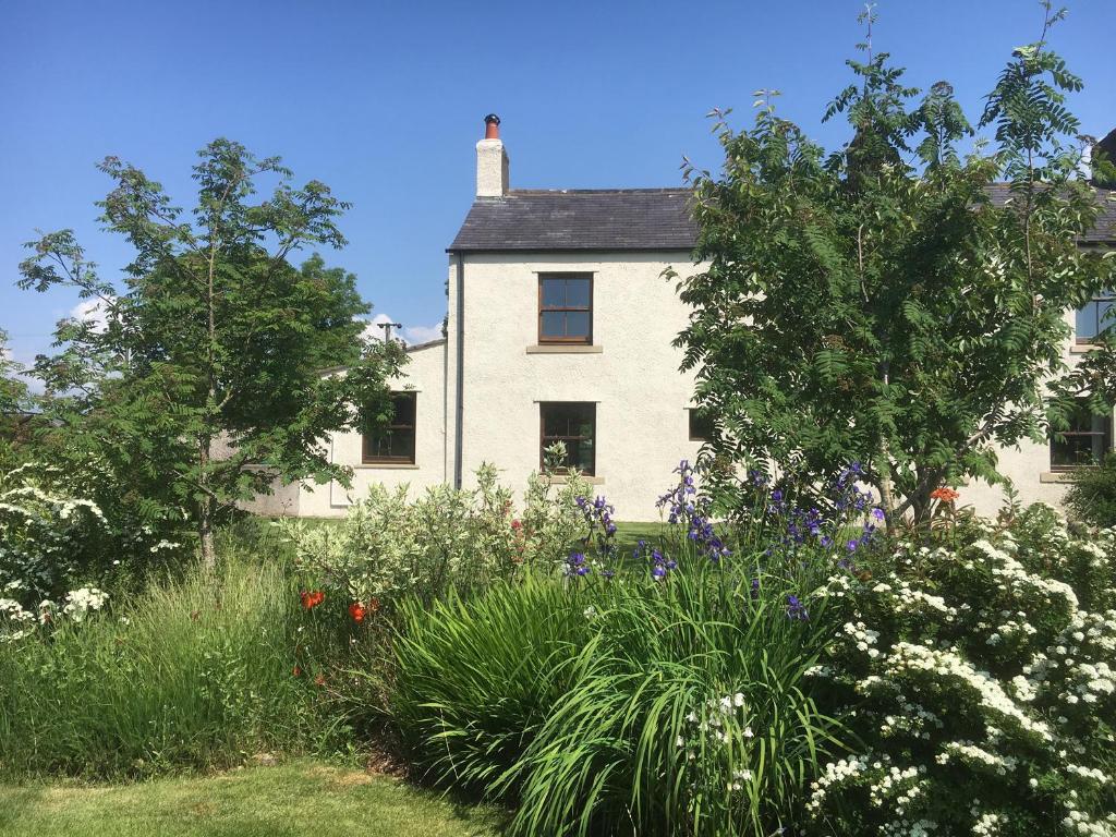 a white house with a garden in front of it at 1 Leesrigg Cottages in Wigton