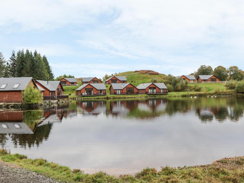 a row of houses next to a lake at Burnside Lodge Lodge 1, Glengoulandie in Aberfeldy