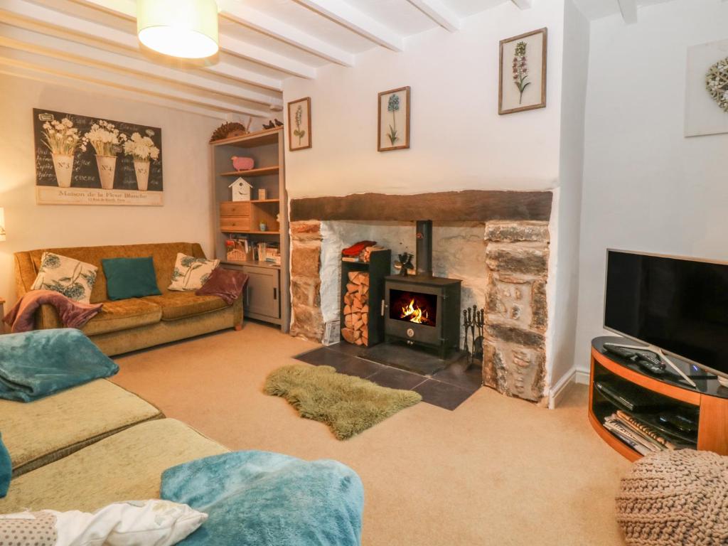 a living room with a fireplace and a couch at Rhianfa in Llanfairpwllgwyngyll
