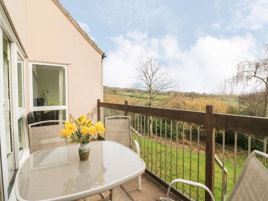 a table on a balcony with a view of a field at Tamar 4 in Callington