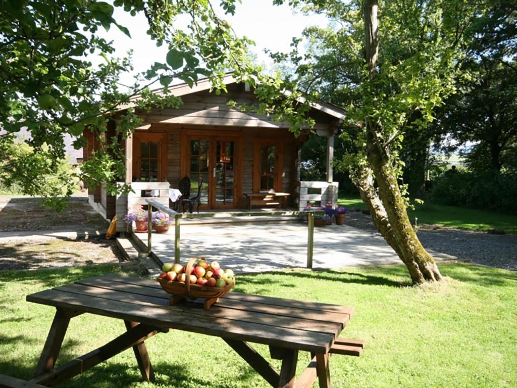 a bowl of apples on a picnic table in front of a house at Y Berllan in Bodorgan