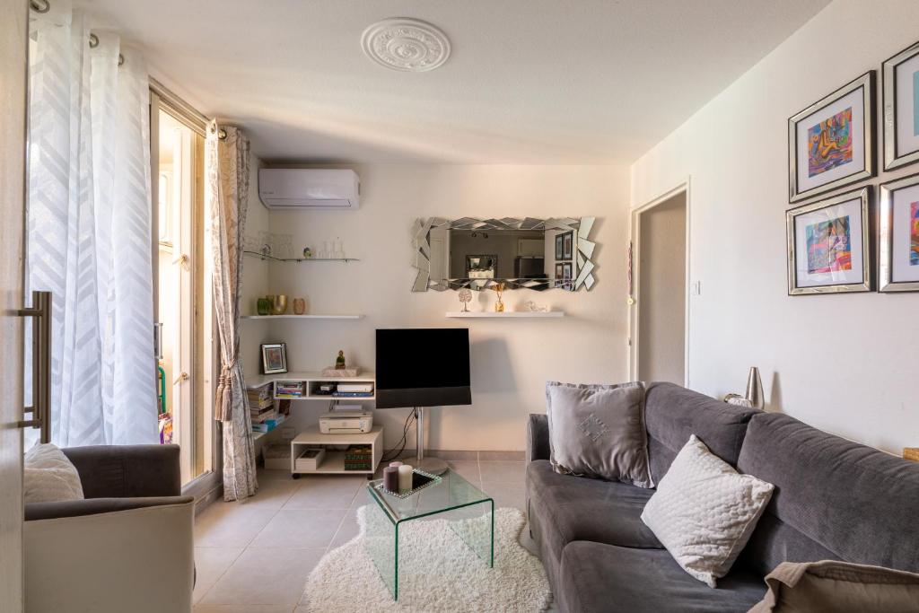 un salon avec un canapé et une télévision dans l'établissement Le Sakharov, à Fréjus