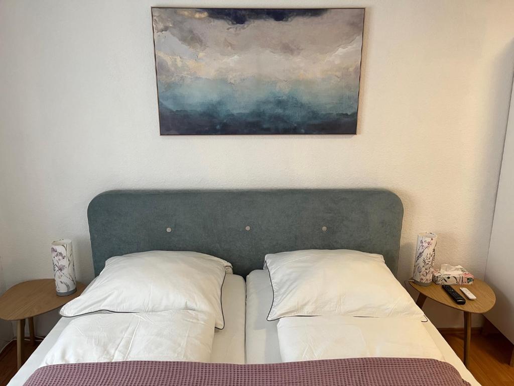 a bed with two pillows and a painting above it at Jena Botanischer Garten in Jena