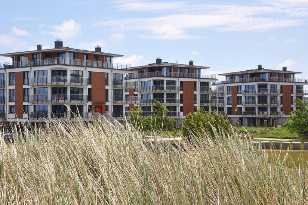 zwei hohe Gebäude mit hohem Gras im Vordergrund in der Unterkunft "Dünenpark Heiligenhafen", Haus "Sanddüne", Wohnung 6 "Strandtraum" in Heiligenhafen