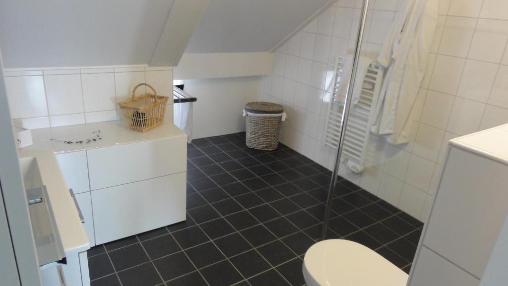 La salle de bains est pourvue de toilettes et d'une douche en verre. dans l'établissement Tin Tin in Cadzand, Koolse Hoeve 1b, à Cadzand