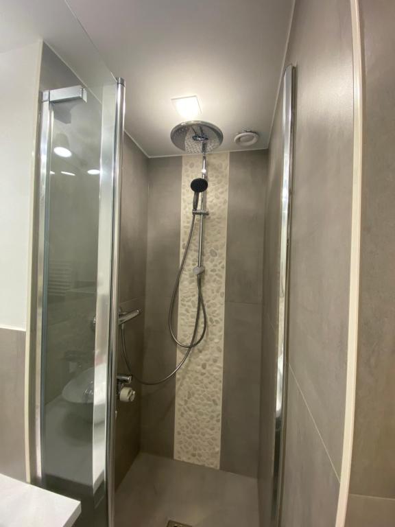um chuveiro com uma porta de vidro na casa de banho em Seeblickapp. „Eure Auszeit“ em Goslar