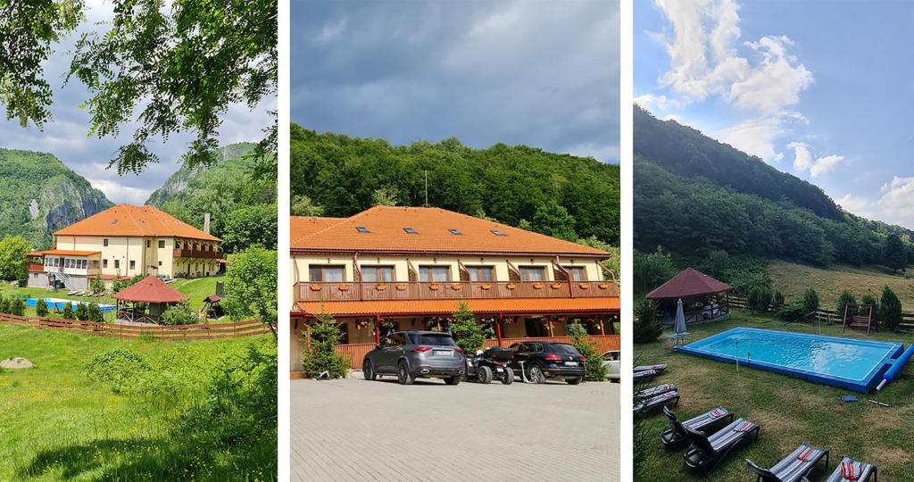 tres fotos de una casa y una piscina en Pensiunea Castania - Pensiune cu piscina la munte, en Polovragi
