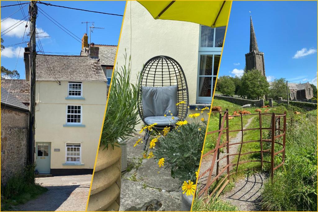 two pictures of a house with a chair in a garden at Chapel Place in Ermington