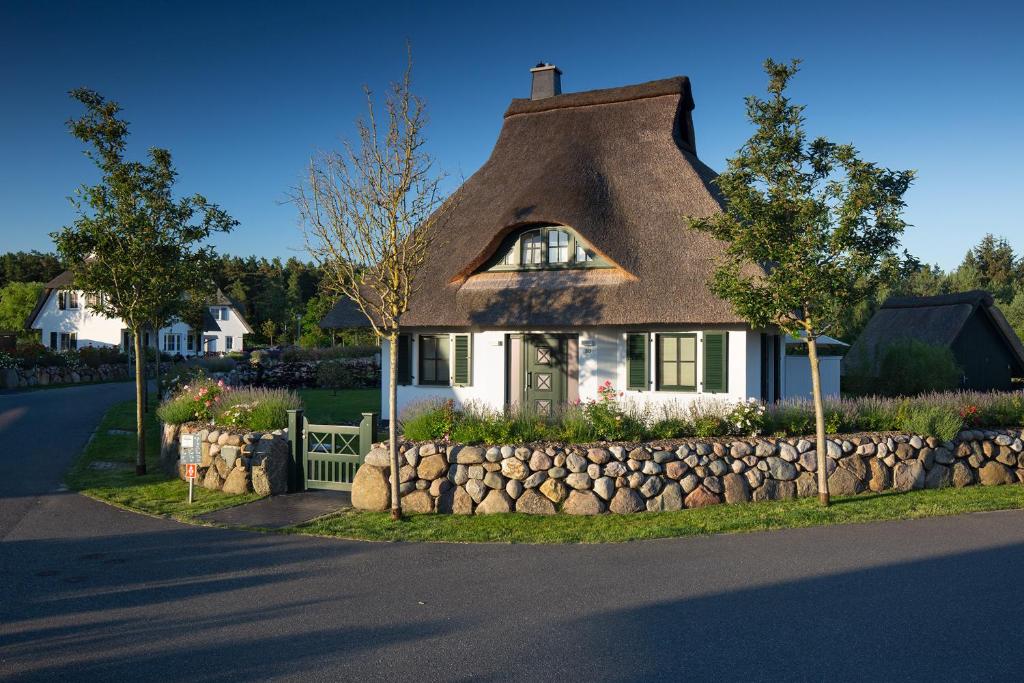 a house with a thatched roof and a stone wall at Ferienhaus Seeadler 42 in Fuhlendorf